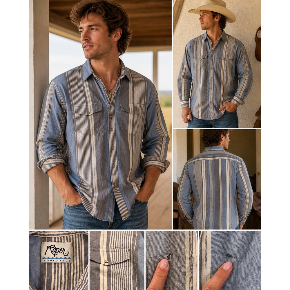 Roper Rodeo Blue Striped Western Button Down Shirt Coastal Boho Thrashed Sz XL